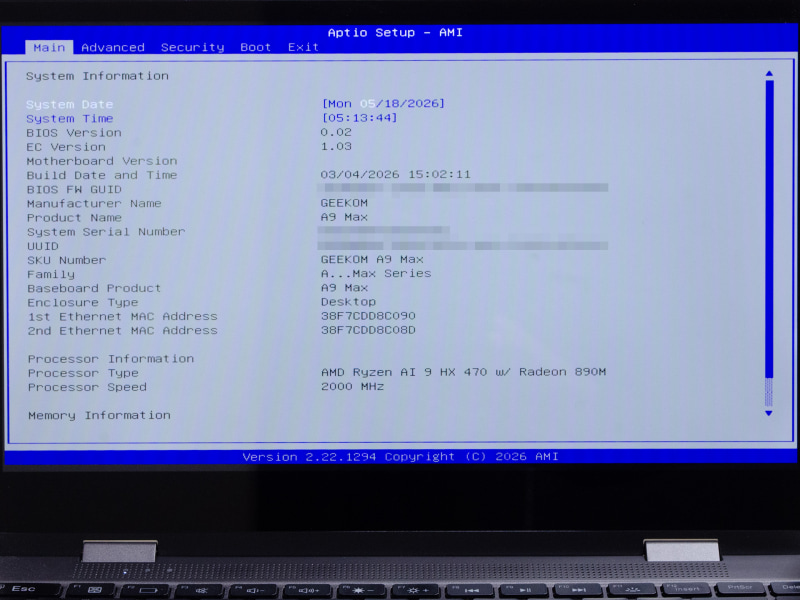 BIOS / Main。起動時[DEL]キーで表示