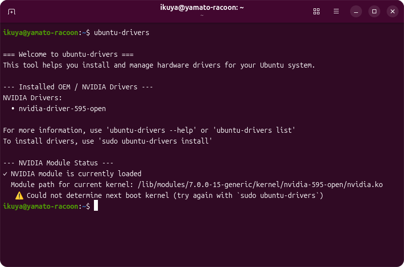 ubuntu-driversコマンドを実行したところ