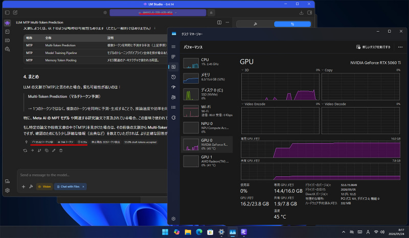 qwen3.6-35b-a3b-mtp、コンテキスト長50,000で動作中
