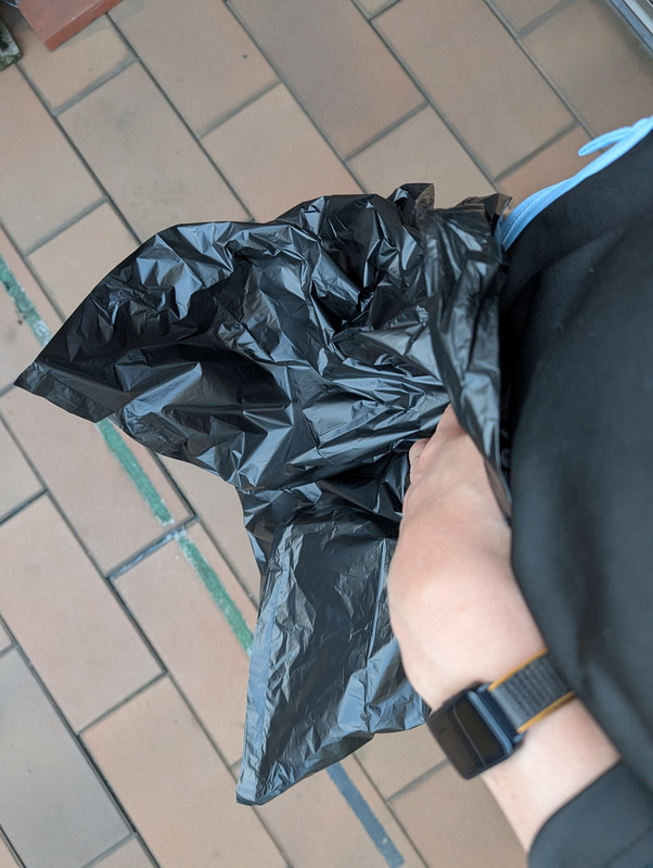別日に撮影した屋外での用足し中のイメージ。安心してください、履いてませんよ！男性なら下半身の一部を袋に入れてしまえばまったく問題なく用が足せる。女性についても袋をうまくあてがうことでうまくできるのではないだろうか
