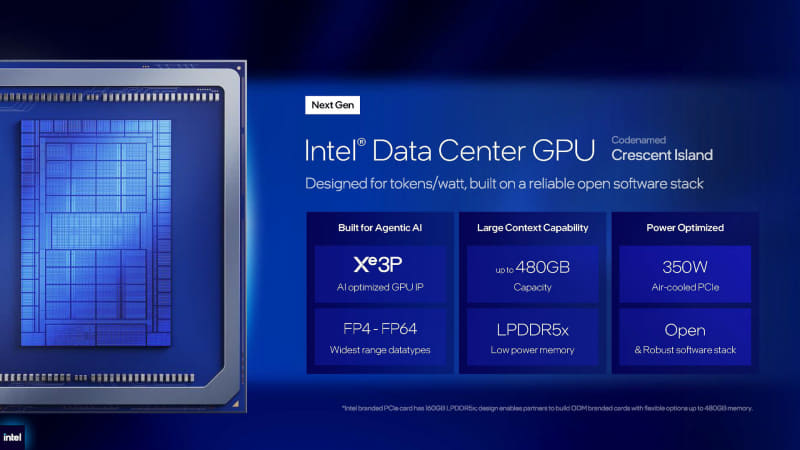 Crescent Islandの概要、LPDDR5で480GBのメモリを搭載することが特徴(出典: Data Center Business Strategy、Intel)