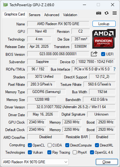 Sapphire PULSE AMD Radeon RX 9070 GRE GAMING OC 12GBのGPU-Z実行画面