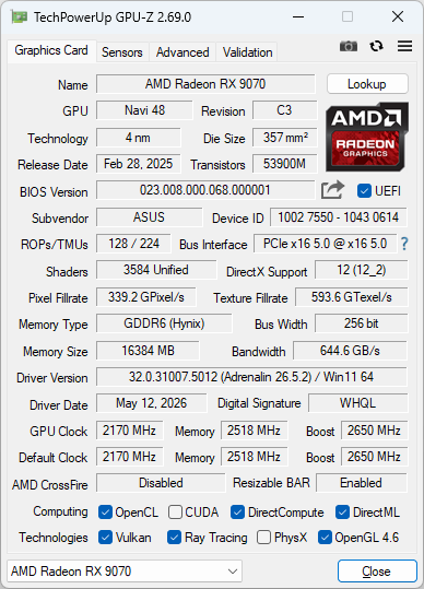 ASUS TUF-RX9070-O16G-GAMINGのGPU-Z実行画面