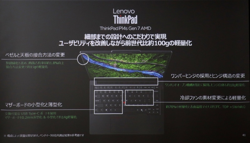 ThinkPad P14s Gen 7 AMDは14型モバイルワークステーションとして小型軽量を追求。ワンバーヒンジの採用や、ベゼル/天板の接合方法の変更(フックから接着)により小型軽量化した