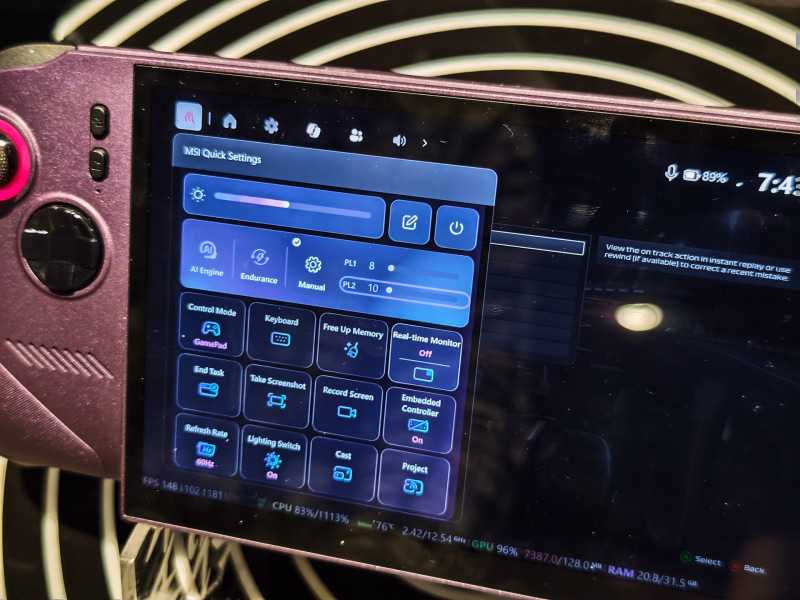 Claw 8 EX AI+の熱設定、PL1とPL2を設定できる。最高設定はPL1 35W、PL2 45W。最低設定はPL1 8W、PL2 10W