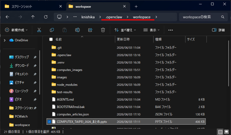 Windowsでは¥Users¥<ユーザーid>¥.openclaw¥workspace がアクセスできる唯一のフォルダ