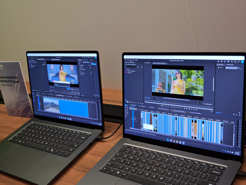 AdobeのPremiereの未公開ベータ版+RTX Spark(Surface Laptop Ultra)でTensor RTに対応した「シーン編集の検出」をデモする様子。未対応のバージョンに比べて処理速度が2倍に