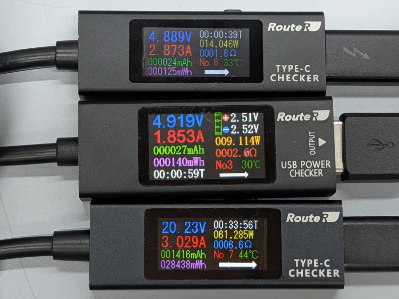 ここでさらにUSB Type-Aポートにもデバイスをつないだ場合、C2と合わせて最大15Wに制限されるとされているが、試した限りでは合計約23W(USB Type-A=約9W、C2=約14W)と上限をはるかに超える電力が供給されていた。理由は不明だ