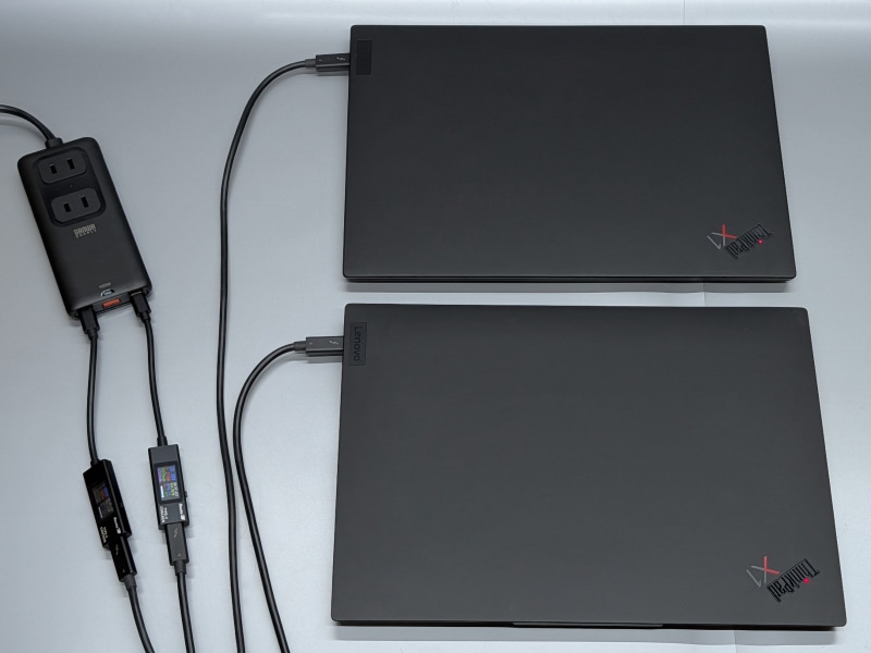 次にノートPC×2台を接続してみた。どちらも最大65Wまでの充電に対応する