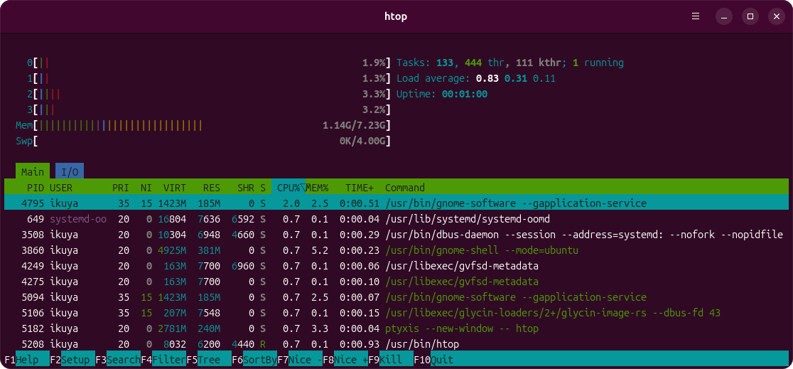 Ubuntuの起動直後のメモリ消費量は1.14GBであった。すなわち1167MBくらい