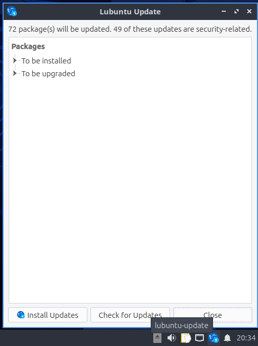 パッケージのアップデートがあるときに右下に表示されるアイコンと、Lubuntu Updateアプリ
