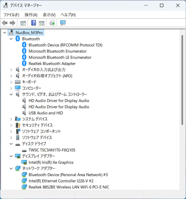 デバイスマネージャー/主要なデバイス。1TB SSDは「TWSC TSC3AN1T0-F6Q10S」。2.5GbEはIntel Ethernet Controller I226-V、Wi-FiはRealtek 8852BE Wireless LAN WiFi 6 PCI-E NIC、BluetoothもRealtek製