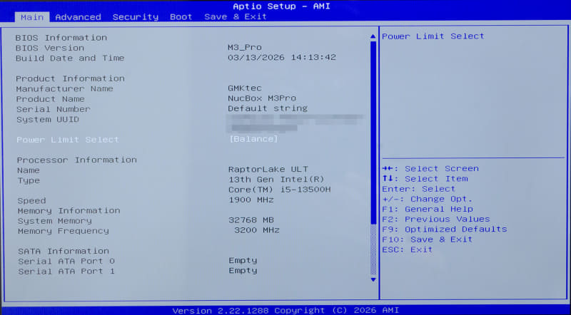 BIOS/Main。起動時[DEL]キーで表示