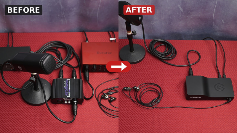 2PC配信しようとしたときに、汎用機材で必要な機材(左)と、Wave XLR Proで必要な機材(右)