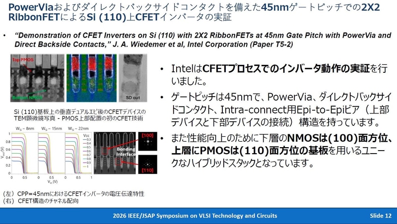 Intelが開発したCFET技術の概要(講演番号T5.2)。従来のレイアウトとは異なり、ボトム側がnチャンネルFETとなる。2026年4月28日に東京で開催された記者会見の資料から