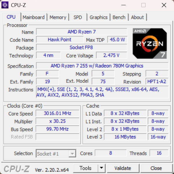CPU-Zでの表示。8コア/16スレッドでTDPは45W