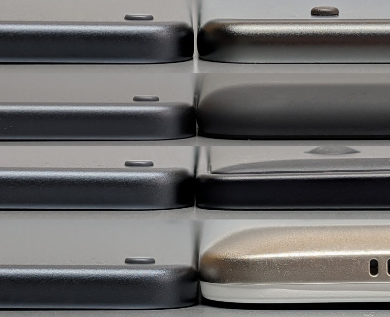 厚みの比較。いずれも左側が本製品、右は上から順に初代Kindle Scribe、Kindle Colorsoft、Kobo Elipsa 2E、Kindle DX。背面が斜めにカットされているKobo Elipsa 2Eを除けば本製品がもっとも薄い