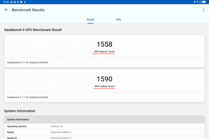 Geekbench 6(Vulkan/OpenCL)のスコアは1,558/1,590(3,358/3,382)