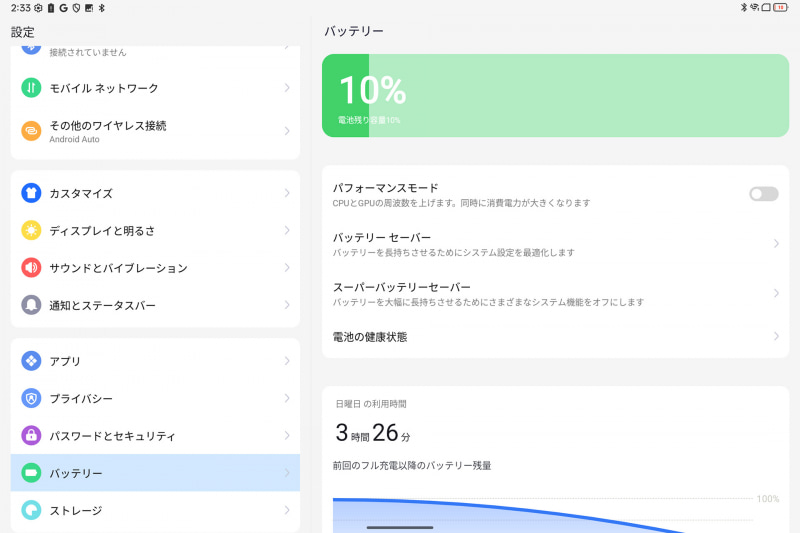 8時間経過で残10%。9時間半少し手前で電源が落ちた