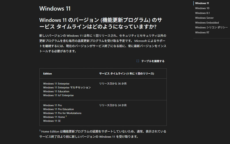 Windows 11のEoSまでのタイミングを説明する<a href="https://learn.microsoft.com/ja-jp/lifecycle/faq/windows" class="n" target="_blank">Webサイト</a>