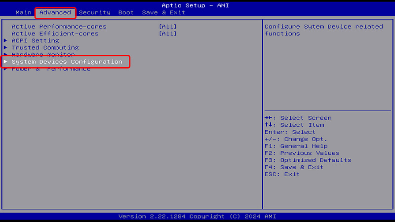 「Advanced」タブの「System Devices Configuration」へ