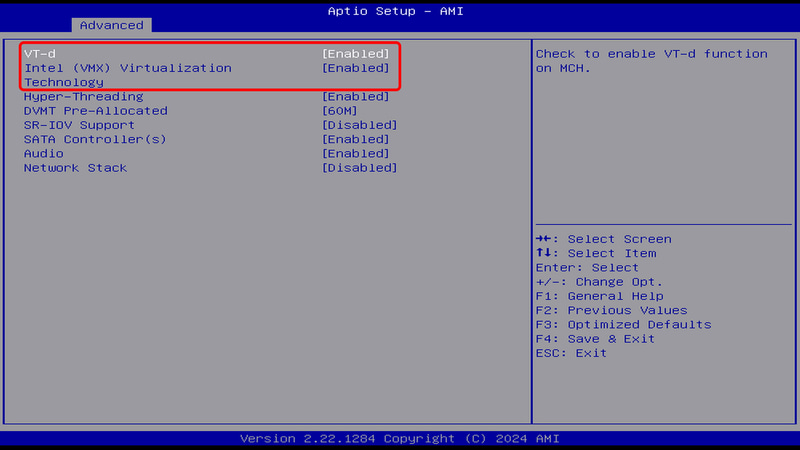 「VT-d」と「VMX」の項目が「Enabled」になっていることを確認(これはIntelのシステムの場合。AMDのシステムでは「SVM Mode」などをEnabledにする)