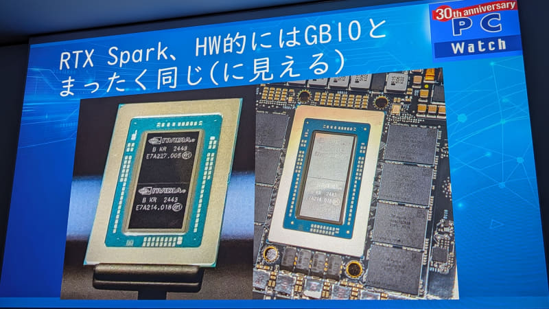 「RTX Spark」と「GB10」のチップ写真を並べて提示し、「まったく同じのように見える」とアピール。エージェント型AIに必要な要素を「RTX Spark」がすべて持っている点などを解説した