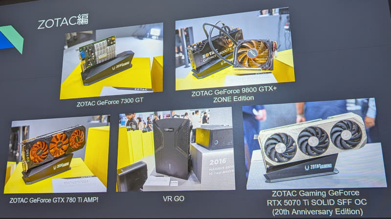 ZOTACも20周年を記念したGPUなどを発売予定だ。ちなみに「VR GO」は背負って使うVR用のゲーミングPCで、かなりのインパクトがあったのを記憶している