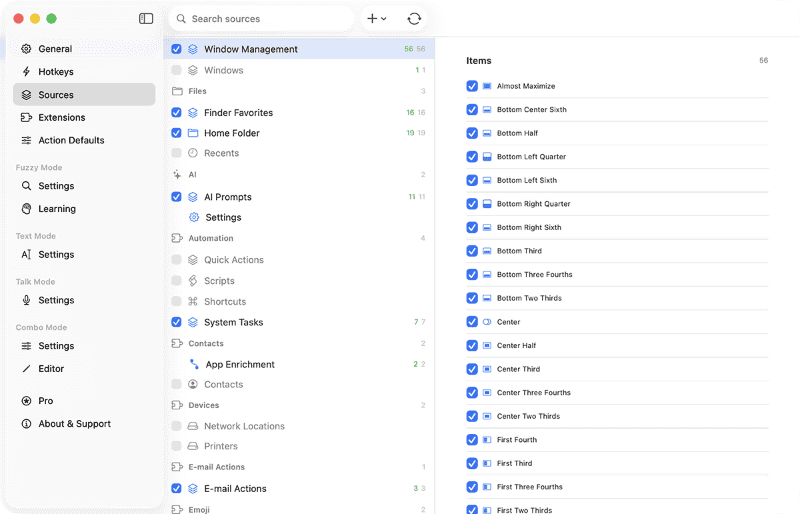 ウインドウをリサイズするためのアクションは、設定画面の[Sources]→[Window Management]から確認できます