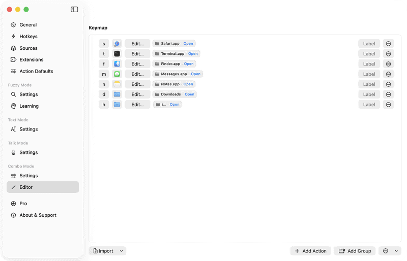 Leader Modeを使うには設定ウインドウを開き、[Editor]で、あらかじめ設定を行ないます。右下の[Add Action]ボタンをクリックしましょう