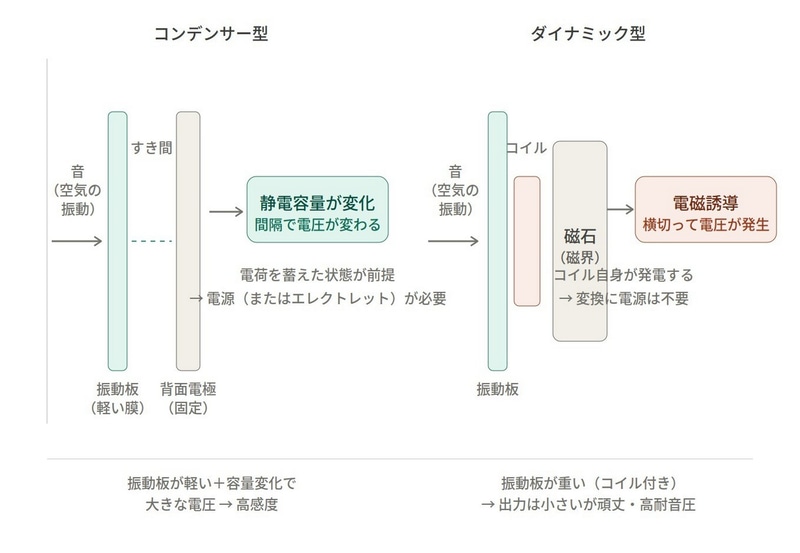 ダイナミックマイクとコンデンサーマイク内部の模式図