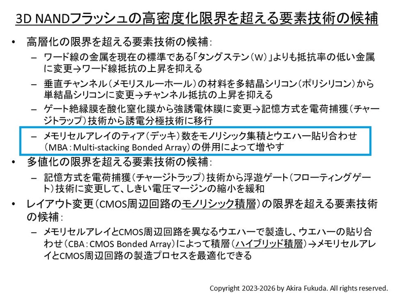 3D NANDフラッシュメモリの高密度化限界を超える要素技術の候補。本コラムで以前に解説した内容(<a href="https://pc.watch.impress.co.jp/docs/column/semicon/1550542.html" class="n" target="_blank">参考記事</a>)を筆者が更新したもの