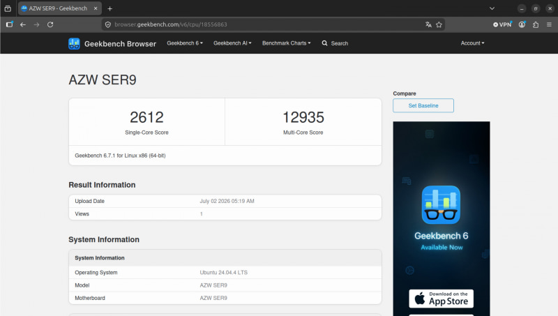 Geekbench 6 Single-Core / Multi-Core。Single-Coreは2612、Multi-Coreは12935