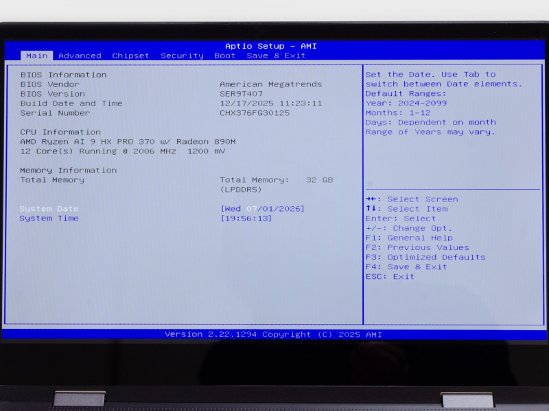 BIOS / Main。起動時[DEL]キーで表示