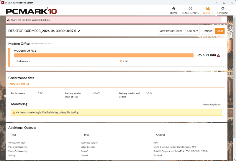 PCMark10 Battery Profile「Modern Office」