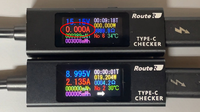 新しいデバイス(下)を挿すと、すでに充電中だったデバイス(上)は電圧(W)を保ったまま電流(A)が一時的にゼロになり、その後すぐにピーク時の出力へと復帰する。前述のApple製アダプタでもほぼ同じ挙動がみられる