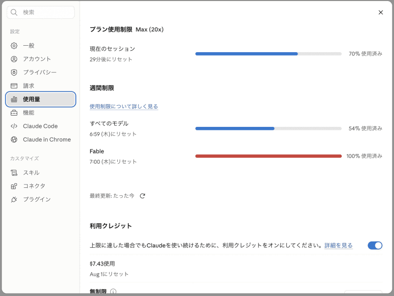 筆者環境の「Fable」の週間枠は100%に達し、次回リセットは7月9日(木)7時
