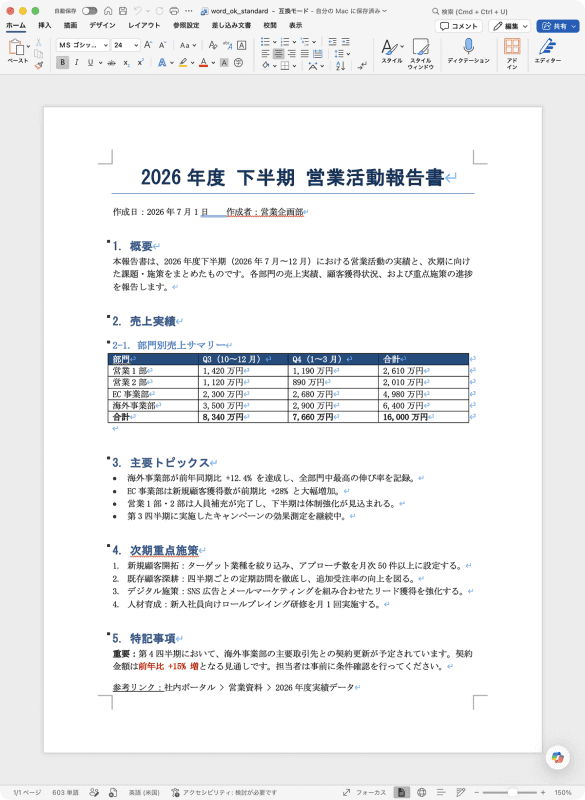 標準的なビジネス文書をWord(左)とONLYOFFICE(右)で開いたところ。文字の配置から表の網掛けまで、ほぼ完璧に再現されています