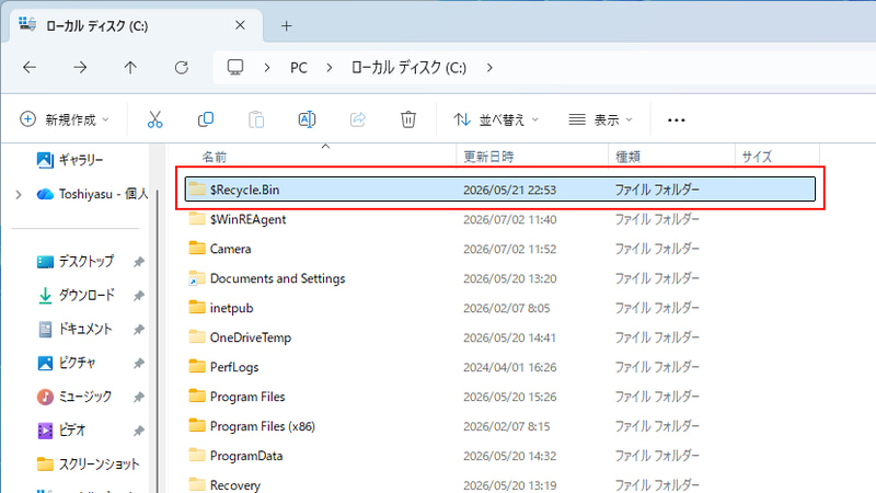 ごみ箱は、システム属性かつ隠し属性でルートフォルダに確保される「$RECYCLE.BIN」という名称の特殊フォルダが実体
