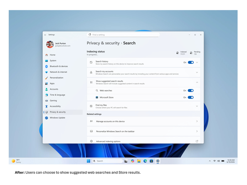 Web検索やMicrosoft Storeの結果を表示するか切り替えられるように