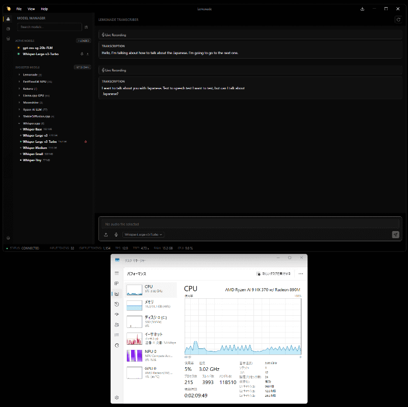 「Whisper-Large-v3-Turbo」に日本語で話しかけ、出力された英語。CPUだけでなくNPUも大きく動いている