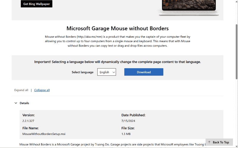 「Microsoft Garage Mouse without Borders」。LAN上のPCでマウスやキーボード操作を共用できる。サイト、アプリともに英語だが迷う要素は少ない