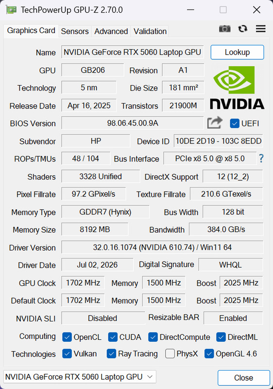 GPUはNVIDIA最新世代の中でミドルレンジに位置するGeForce RTX 5060 Laptopを搭載。DLSSのマルチフレーム生成に対応など最新技術を使えるのが強み