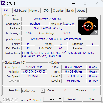 Ryzen 7 7700X3DのCPU-Z実行画面