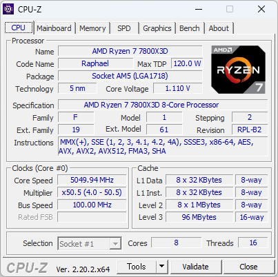 Ryzen 7 7800X3DのCPU-Z実行画面
