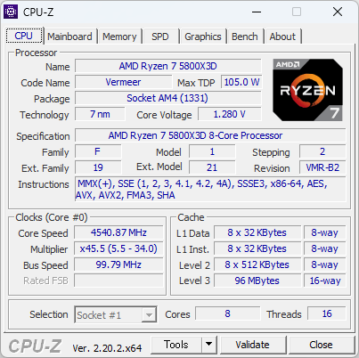 Ryzen 7 5800X3DのCPU-Z実行画面