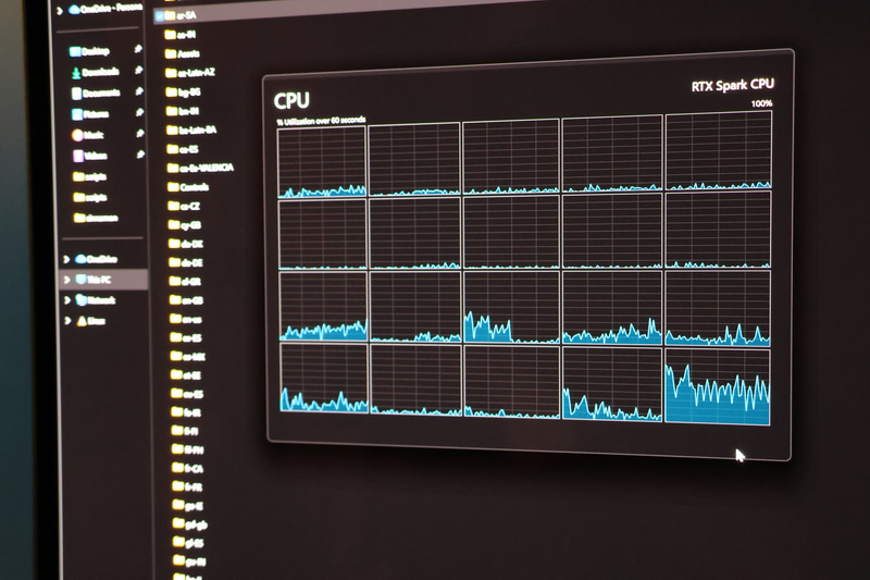 タスクマネージャーのCPU項目を見たところ、20コア20スレッドが稼動中であった。右上に「RTX Spark CPU」という名称も！