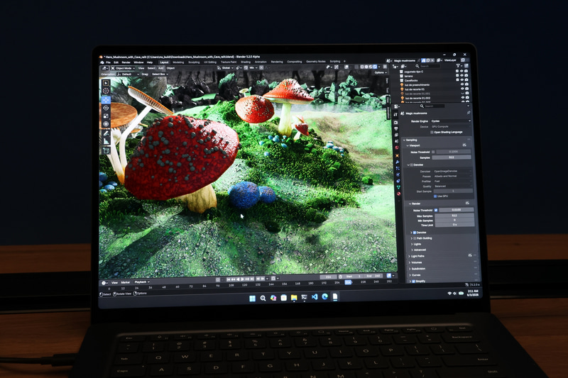 3DCG制作ソフトのBlenderをRTX Sparkで動作させている様子。BlenderはArm系Windowsへネイティブ対応済み。RTX Sparkのリリースに合わせて、RTX SparkのGPUにも対応した