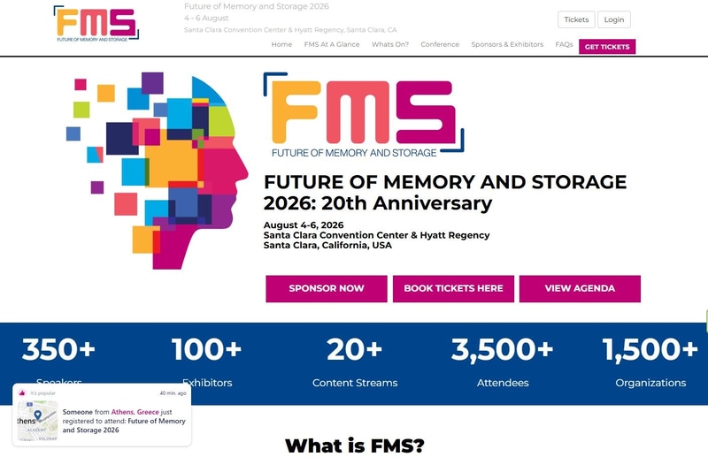 「フューチャー(オブ)メモリアンドストレージ(FMS: the Future of Memory and Storage)」の公式Webサイト(<a href="https://www.terrapinn.com/conference/future-memory-storage/" class="n" target="_blank">トップページ</a>の抜粋、2026年7月15日時点)