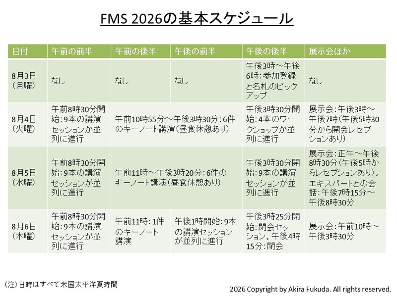 FMS 2026の基本スケジュール。公式Webサイトから筆者が作成したもの